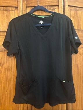healing hands Black V-Neck Short Sleeve Scrub Top with Lime Trim